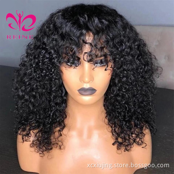 Curly Human Hair Wigs For Black Women Brazilian Remy Hair Fringe  Wig With Bangs Pre Plucked 8"-24"Inches Natural Black